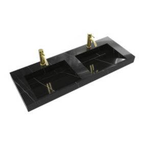 Double vasque suspendue en solid surface effet marbre noir - L120.2 x l45.2 x H8 cm - TAKOTNA