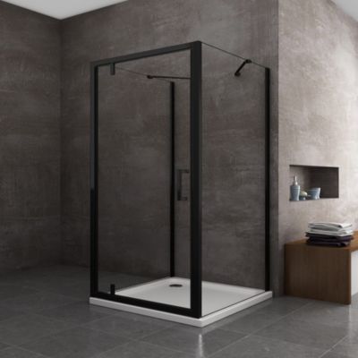 Douche à 3 côtés avec 2 parois fixes + 1 porte battante frontale8mm H200 en noir, 80(78-80) FIXE+PORTE 90(88-91)