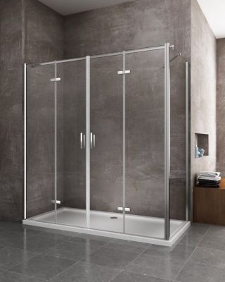 Douche angulaire avec ouverture vers l'intérieur pliante et paroi fixe latérale réversible - 72,5 - 75 Fixe x Porte 128,5 - 132