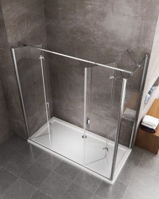 Douche angulaire avec ouverture vers l'intérieur pliante et paroi fixe latérale réversible - 77,5 - 80 Fixe x Porte 138,5 - 142