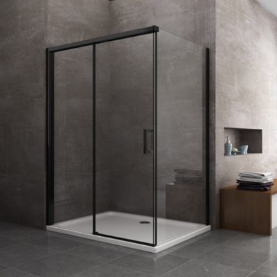Douche d'angle avec paroi fixe et frontale avec fermeture douce amortie cadre noir mat Cm 120 (118-120) x 160 (157-160)