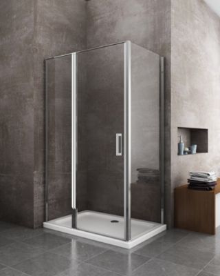 Douche de 6 mm avec paroi fixe laterale et face frontale avec porte battante- 64-67 fixe x 137-140 petite mur+vantail (60+80)