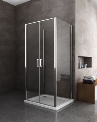 Douche de 6 mm H.190 avec deux parois fixes et une porte saloon- 67,5-70 fixes x 117-120 vantail saloon