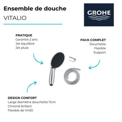 Douchette 1 jet Vitalio Start GROHE 110 avec flexible 150 et support rond