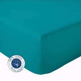 Drap Housse coton bonnet 23 cm fabriqué en France (140x190 cm - Bleu Paon)