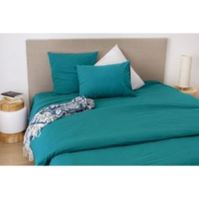 Drap housse en coton Lavé (140x190 cm - Bleu Paon)