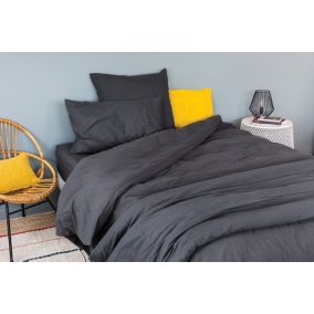 Drap housse en coton Lavé (140x190 cm - Gris anthracite)