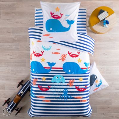 Drap housse imprimé 90x190 cm coton biologique OCTOPUSSE à rayures Bleu et Blanc Bonnet 25 cm