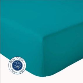 Drap Housse Uni bonnet 30 cm 100% Coton (160x190 cm - Bleu Paon)