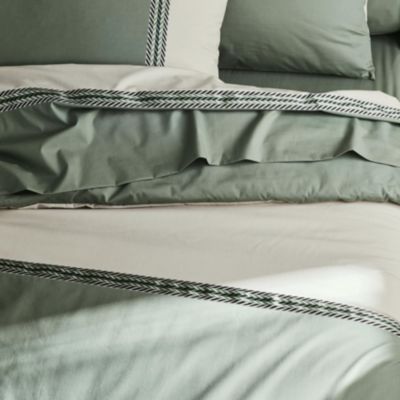 Drap plat en percale de coton à galon géométrique (180x290 cm - Vert Olive)