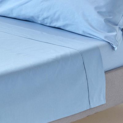 Drap plat uni 100 % coton égyptien 200 fils bleu, 178x255 cm - HOMESCAPES