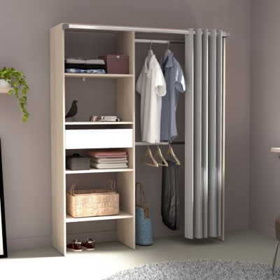Dressing avec rideau 4 étagères 2 penderies et un tiroir bois et blanc BALI
