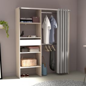 Dressing avec rideau, 4 étagères, 2 penderies et un tiroir bois et blanc - BALI