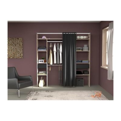 Dressing avec rideau - Decor chene jackson et noir - L 198 x P 48 x H 203 cm - COMO