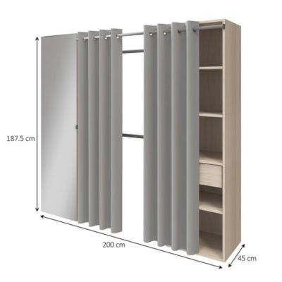 Dressing avec rideau et porte miroir effet chêne GoodHome Atomia H. 187,5 x L. 200 x P. 45 cm