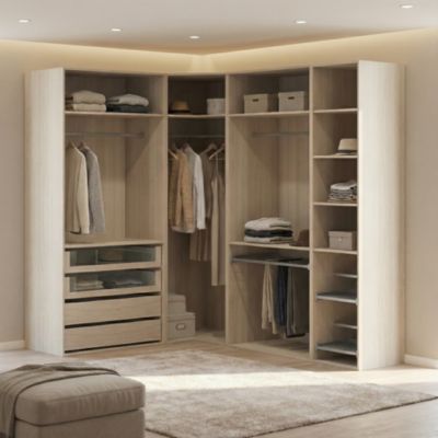 Dressing d'angle avec tiroirs et portes chaussures effet chêne GoodHome Atomia H. 225 x L. 250 x P. 58 cm