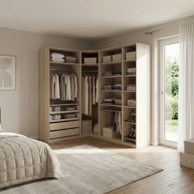 Dressing d'angle avec tiroirs et portes chaussures effet chêne GoodHome Atomia H. 225 x L. 250 x P. 58 cm