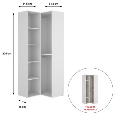 Dressing d'angle et fond d'arrière réversible coloris chêne naturel, blanc  - Longueur 84 x Profondeur 84 x Hauteur 205 cm