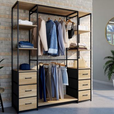 Dressing double penderie + double colonne L. 140 cm UTAH avec 6 étagères et 6 bacs en tissu bois et noir