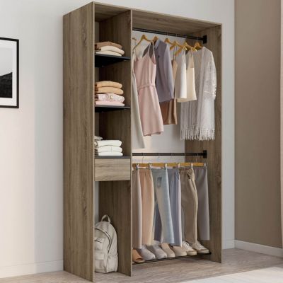 Dressing double penderie L. 110 cm MIRTY avec étagères + tiroir + rangements à chaussures hêtre et noir