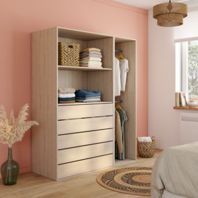 Dressing effet chêne 2 tablettes 5 tiroirs GoodHome Atomia H. 187,5 x l. 150 x P. 58 cm