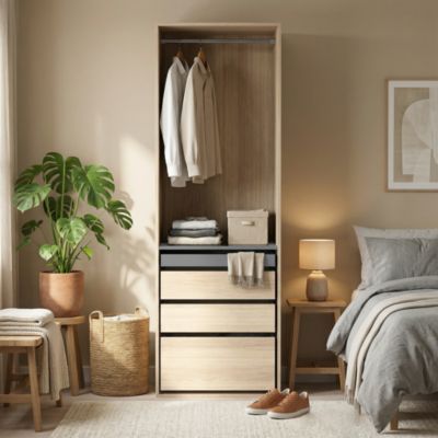 Dressing effet chêne 4 tablettes 3 tiroirs GoodHome Atomia H. 225 x L. 75 x P. 58 cm