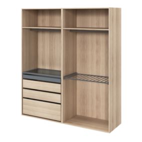 Dressing effet chêne avec porte pantalon 4 tablettes 3 tiroirs GoodHome Atomia H. 225 x L. 200 x P. 58 cm