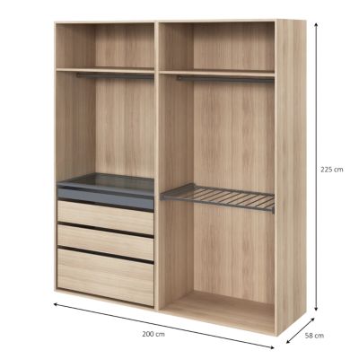 Dressing effet chêne avec porte pantalon 4 tablettes 3 tiroirs GoodHome Atomia H. 225 x L. 200 x P. 58 cm