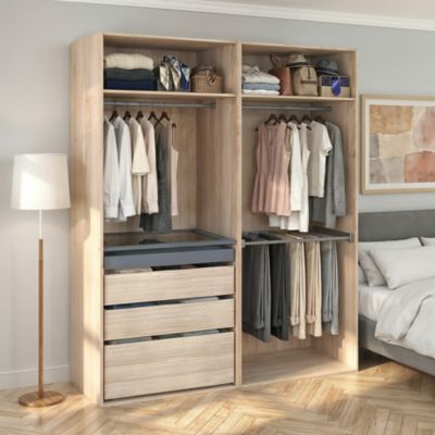 Dressing effet chêne avec porte pantalon 4 tablettes 3 tiroirs GoodHome Atomia H. 225 x L. 200 x P. 58 cm