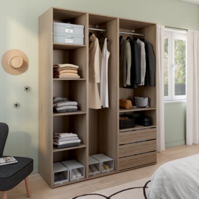 Dressing effet chêne double penderie 3 tiroirs GoodHome Atomia H. 225 x L. 175 x P. 58 cm