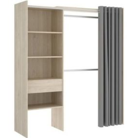 Dressing extensible avec rideau + 1 tiroir - Décor chêne naturel - 160-113 x 50 x Hauteur 205 cm