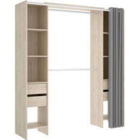 Dressing extensible avec rideau + 4 tiroirs - Décor chêne naturel 180-113 x 50 x Hauteur 205 cm