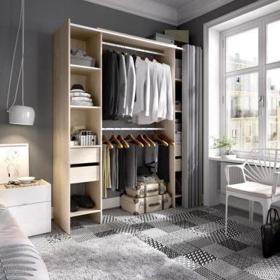 Dressing extensible avec rideau + 4 tiroirs - Décor chêne naturel 180-113 x 50 x Hauteur 205 cm