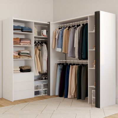 Dressing extensible d'angle MARLON 200 x 150 x 180 cm cm blanc avec penderies + tiroirs + étagères + rideaux gris