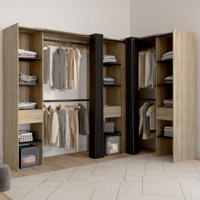 Dressing extensible d'angle MARLON 230 x 140 x 180 cm hêtre avec penderies + étagères + rideaux noirs