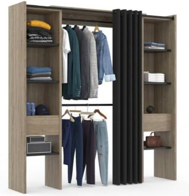 Dressing Extensible Double 120/180 x 50 x 180 cm hêtre avec étagères hêtre + Double penderie + Rideau Noir
