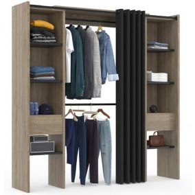 Dressing Extensible Double 120/180 x 50 x 180 cm hêtre avec étagères hêtre + Double penderie + Rideau Noir