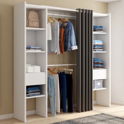 Dressing extensible double MERYL 120/180 x 50 x 180 cm blanc avec étagères + double penderie + rideau gris