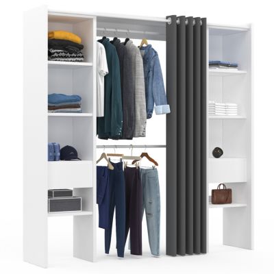Dressing extensible double MERYL 120/180 x 50 x 180 cm blanc avec étagères + double penderie + rideau gris