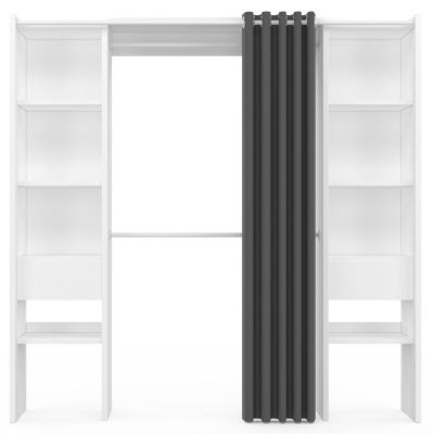 Dressing extensible double MERYL 120/180 x 50 x 180 cm blanc avec étagères + double penderie + rideau gris