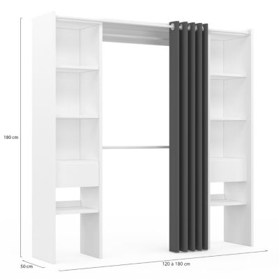 Dressing extensible double MERYL 120/180 x 50 x 180 cm blanc avec étagères + double penderie + rideau gris