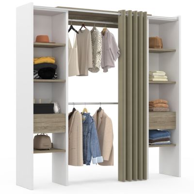 Dressing extensible double MERYL 120/180 x 50 x 180 cm blanc avec étagères hêtre + double penderie + rideau taupe