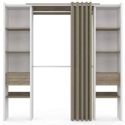 Dressing extensible double MERYL 120/180 x 50 x 180 cm blanc avec étagères hêtre + double penderie + rideau taupe