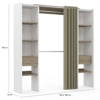 Dressing extensible double MERYL 120/180 x 50 x 180 cm blanc avec étagères hêtre + double penderie + rideau taupe