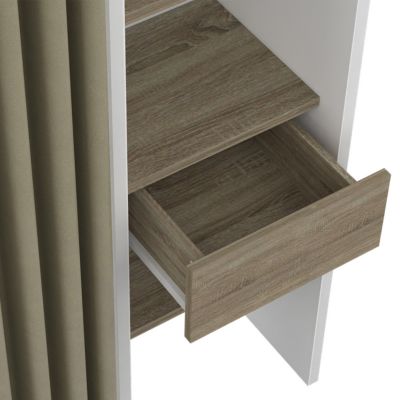 Dressing extensible double MERYL 120/180 x 50 x 180 cm blanc avec étagères hêtre + double penderie + rideau taupe