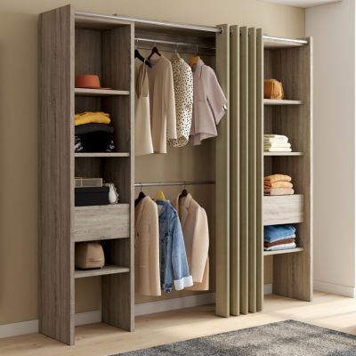 Dressing extensible double MERYL 120/180 x 50 x 180 cm hêtre avec étagères + double penderie + rideau taupe