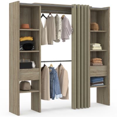 Dressing extensible double MERYL 120/180 x 50 x 180 cm hêtre avec étagères + double penderie + rideau taupe