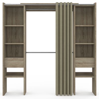 Dressing extensible double MERYL 120/180 x 50 x 180 cm hêtre avec étagères + double penderie + rideau taupe