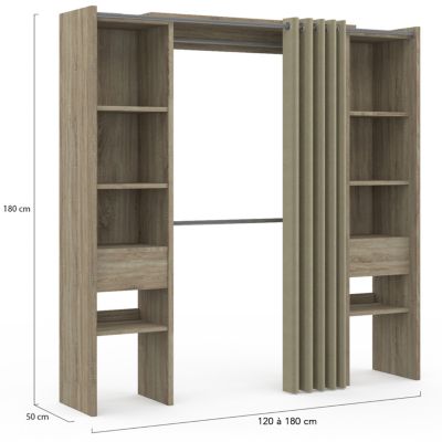 Dressing extensible double MERYL 120/180 x 50 x 180 cm hêtre avec étagères + double penderie + rideau taupe