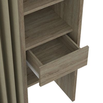 Dressing extensible double MERYL 120/180 x 50 x 180 cm hêtre avec étagères + double penderie + rideau taupe